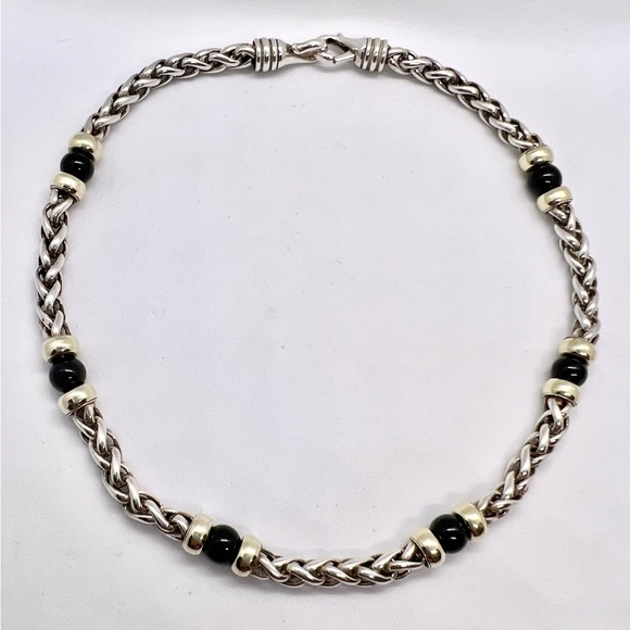David Yurman 14k Yellow Gold & Sterling Silver Black Onyx Wheat Chain Necklace - Picture 5 of 12
